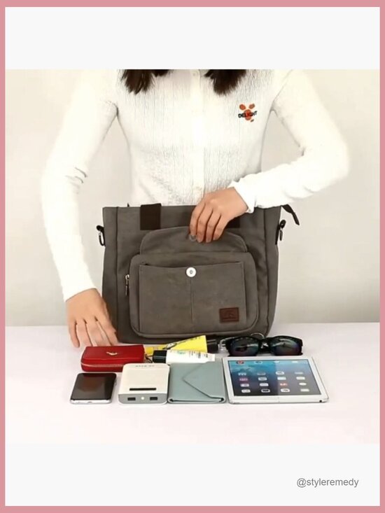 Canvas Tote Bag with Multi Pockets Large Capacity Crossbody  Canvas Tote Bag Crossbody Shoulder Purse Multi-pocket Work Handbag